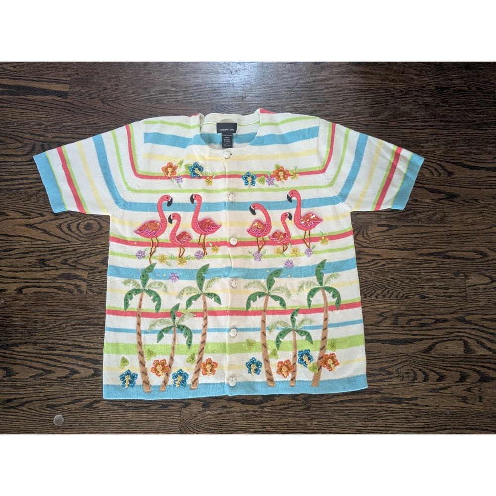 Morgan Cole Y2K Beaded & Applique Flamingos Tropical Cardigan Sweater Top Size L